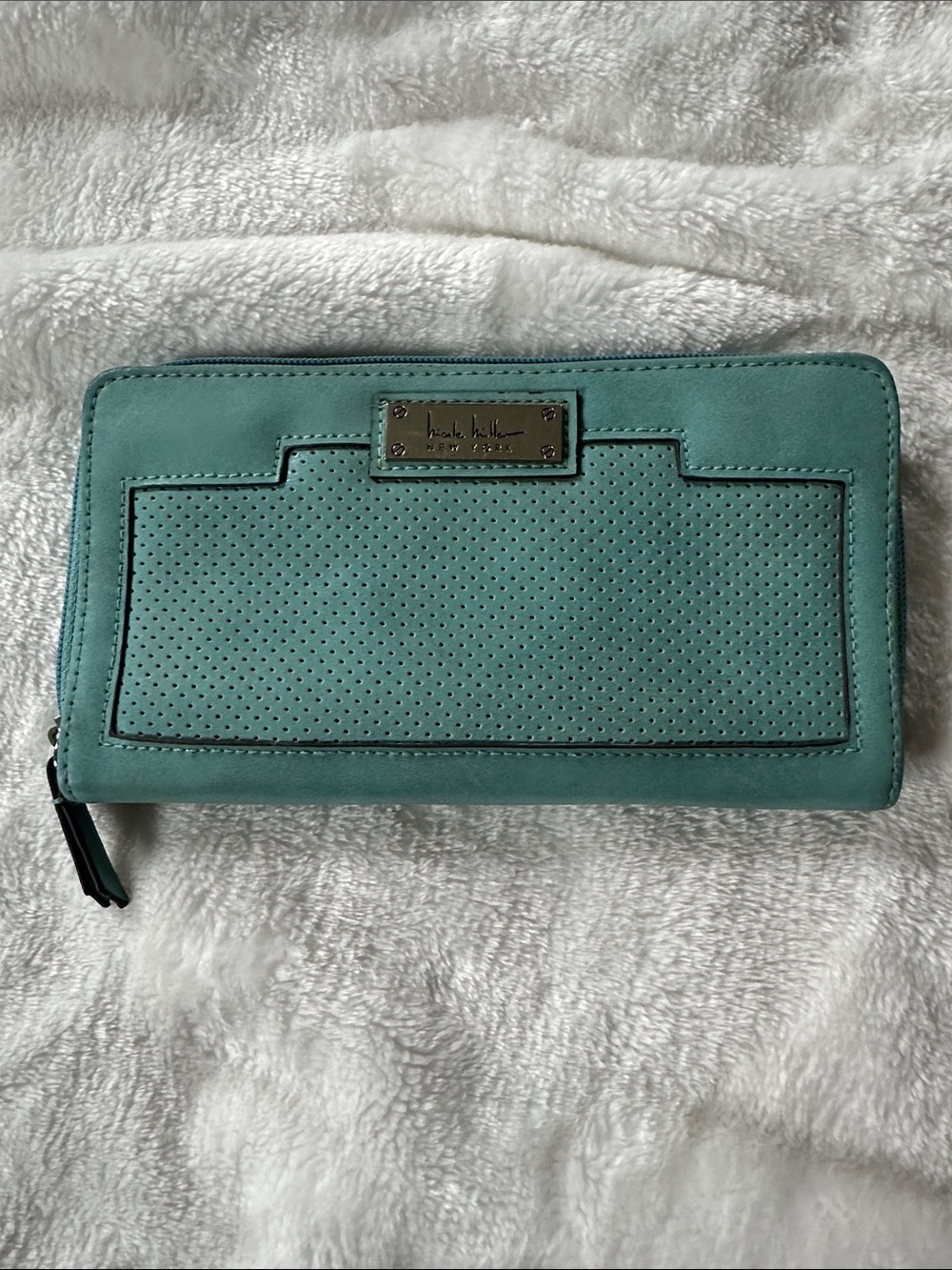 NICOLE MILLER Vegan Aqua Perforated Zip Wallet Multiple Storage compartments EUC